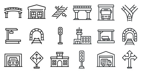 Fototapete - Collection of various transportation icons, including a train, bus, and a tunnel. The icons are all drawn in a simple, stylized manner