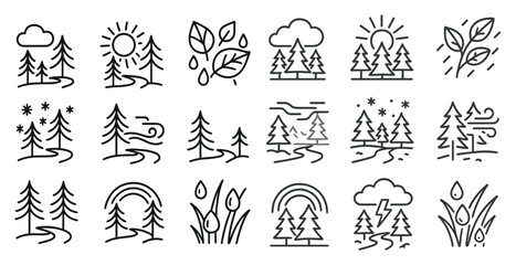 Fototapete - Series of images of trees and weather conditions. The images include a rainbow, a cloudy sky, and a sunny day