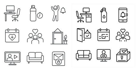 Fototapete - Set of icons for a home office. The icons include a computer, a keyboard, a mouse, a chair, a desk, a bottle, a clock, a cell phone, a laptop, a book, a person, a plant