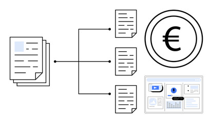Poster - Stacked documents connecting to finances, data representation, and reports. Ideal for finance, analytics, decision-making, business workflow, content management budgeting productivity. Simple flat