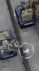 Poster - Animation of network of conncetions with icons over robotic arms with boxes warehouse