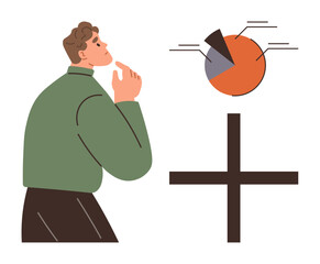 Poster - Thoughtful man considering segmented pie chart and bold plus sign. Ideal for analysis, planning, strategy, problem-solving, decision-making, business growth, innovation. Simple flat metaphor