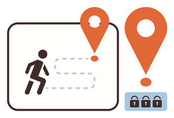 Poster - Person following a dashed path between location pins, highlighting movement to destination and security locks. Ideal for navigation, travel, safety, goal-setting, progress, direction, roadmap simple
