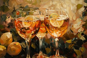 Aufkleber - Painting featuring three glasses of wine with lemon slices, creating a vibrant and refreshing scene