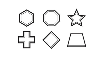 Poster - Six outlined geometric shapes including a star a cross a diamond and trapezoid in black and white style