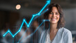 © Anas - Smiling woman in business attire with upward trending blue graph overlayed on the image view