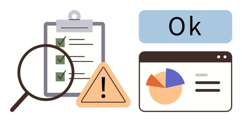 Poster - Checklist with checkmarks under magnifying glass, warning sign, Ok approval text, and analytical dashboard elements. Ideal for quality control, productivity, analytics, processes, approval