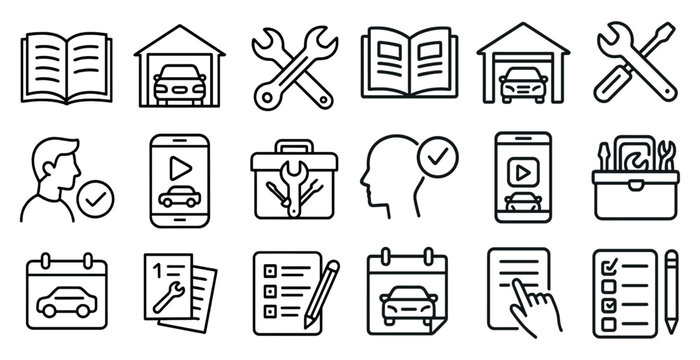 Set of icons for car maintenance and repair. The icons include a book, a wrench, a car, a calendar, a cell phone, a pen, a car repair shop, a car repair manual, a car repair toolbox