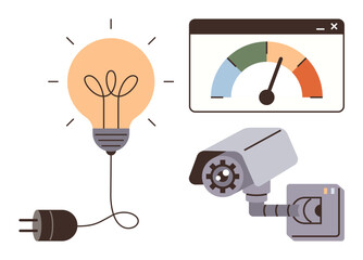 Poster - Light bulb with power plug, security camera, and performance meter gauge represent energy management, safety, and efficiency monitoring. Ideal for technology, security, energy-saving, sustainability