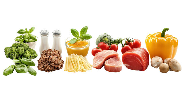 Five food categories with name labels and food images Transparent background, PNG