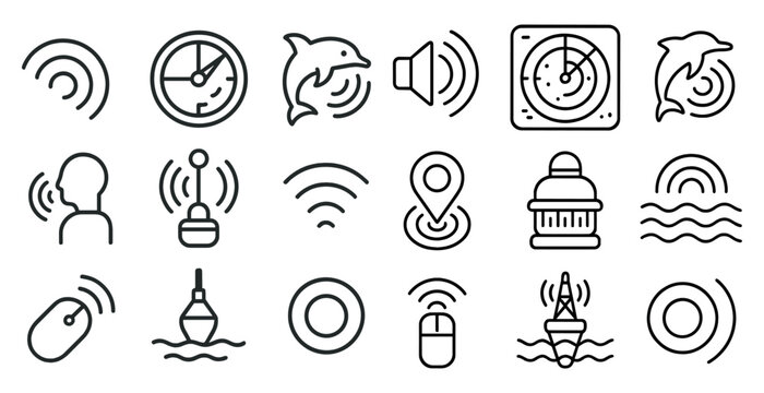 Collection of icons for various devices and functions. The icons include a clock, a dolphin, a microphone, a remote control, a computer mouse, a keyboard, a cell phone, a camera, a speaker, a radio