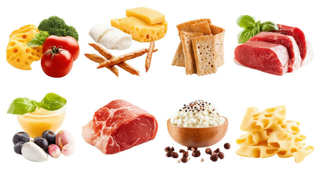 Five food categories with name labels and food images Transparent background, PNG