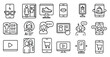 © Galina - Collection of icons for shopping and technology. The icons include a book, a cell phone, a computer, a television, a robot, a woman, a man, a woman with a shopping bag, a woman with a shopping bag