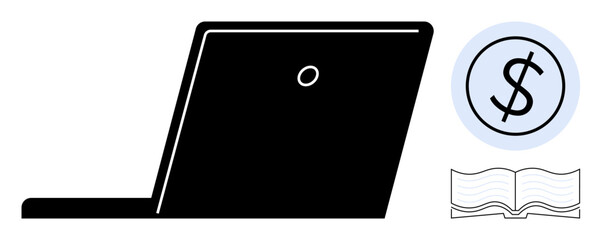 Poster - Black laptop silhouette, coin with dollar sign, and open book illustrate online education, e-learning, and financial learning opportunities. Ideal for technology, education, finance, investment