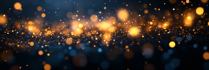Poster - Radiant bokeh with golden light particles flickering and dancing on a dark backdrop, creating magic.