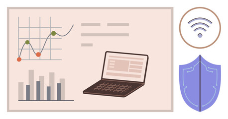 Poster - Laptop displaying data, line and bar graphs on a screen. wireless and shield elements suggest connectivity and protection. Ideal for data privacy, cybersecurity, analytics, research, business