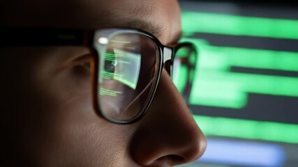 Focused programmer working late at night, with computer code reflecting in glasses, representing cyber work and coding concentration