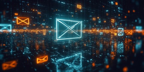 Poster - Futuristic Digital Communication Network with Glowing Envelope Symbols in a Cyberspace Environment
