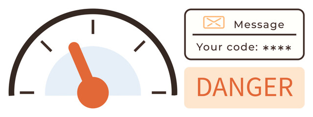 Poster - Gauge with orange needle showing high level, message box displaying code, and bold Danger text. Ideal for security, risk, alert, urgency, systems, danger communication simple flat metaphor