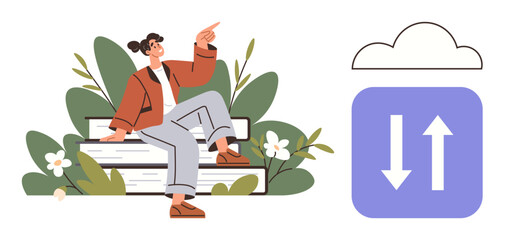 Poster - Young woman relaxing on stack of books surrounded by plants and flowers, pointing towards cloud data upload and download icon. Ideal for education, learning, cloud storage, digital technology