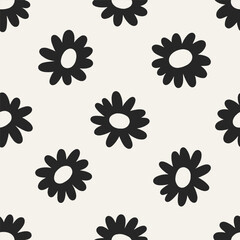 Poster - Floral pattern. Seamless flower print with daisy blooms in retro groovy style. Black and white abstract texture, background for textile, wrapping and wallpaper design. Flat vector illustration