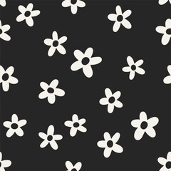 Poster - Seamless floral pattern. Black and white daisies in simple groovy doodle style. Endless background, repeating print, texture with flowers, for textile, wrapping paper design. Flat vector illustration