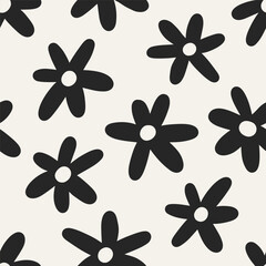 Poster - Seamless floral pattern. Black and white flowers, endless background. Groovy daisy print, repeating texture for feminine fabric, textile, wallpaper and wrapping design. Flat vector illustration