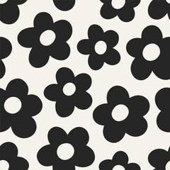 Poster - Daisy pattern. Seamless floral print with cute doodle flowers. Endless texture in black and white retro groovy style. Abstract background for wrapping, textile design. Flat vector illustration