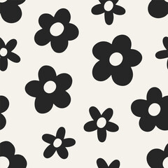 Poster - Floral pattern. Daisies, seamless black and white print with cute doodle simple flowers. Endless background, printable summer texture for fabric, wrapping, textile design. Flat vector illustration