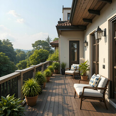 Poster - A beautiful balcony or terrace with a wooden floor, offering a warm, inviting outdoor.