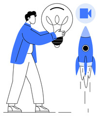 Poster - Person holding a glowing light bulb beside a flying rocket and video call icon. Ideal for innovation, teamwork, brainstorming, creativity, technology, startup, and success communication. Simple flat