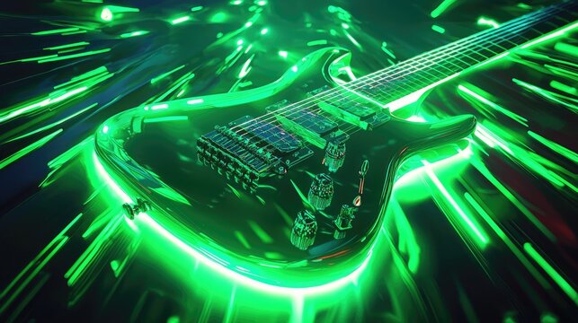 A vibrant green electric guitar outlined in neon light.