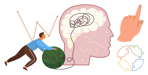 Poster - Person pushing green yarn toward untangling brain mess, hand pointing up, puzzle pieces. Ideal for mental clarity, problem solving, focus, persistence, psychology, mindfulness simple flat metaphor