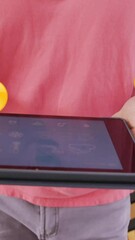 Poster - Holding tablet, person surrounded by animated email icons in digital environment