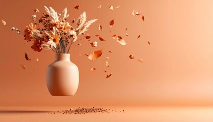 Aufkleber - Floating Ceramic Vase with Dried Floral Arrangement on Peach Background with Floating Leaves