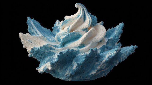 Surreal Blue and White Sculptural Form Resembling Frozen Waves Texture