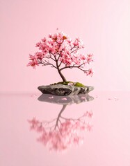 Poster - Levitating Pink Flowering Tree on a Stone Island with a Mirror Reflection Against a Pastel Pink Background