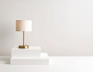 Aufkleber - Minimalist Lamp Mockup On White Studio Pedestal With Clear Space Featuring Gold Base And Beige Shade