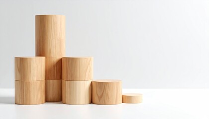 Poster - Stack Of Wooden Cylinder Blocks In Varying Heights Against White Studio Background