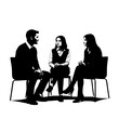 © PixelSaga MH2  - Diverse group of people in a meeting or therapy session with a man seated in an armchair and two women on chairs silhouette isolated on transparent background
