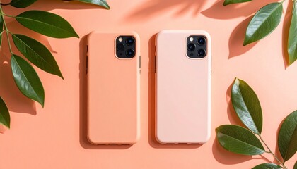Poster - Two Phone Cases Mockup with Realistic Shadows and Side Buttons on a Coral Background with Green Leaves