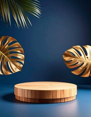 Aufkleber - Wooden Round Display Platform Flanked By Golden Tropical Leaves Against Navy Blue Backdrop