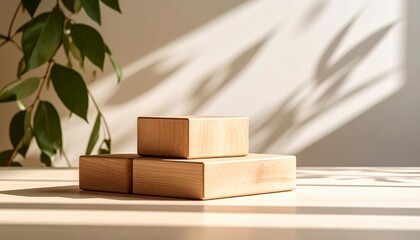 Aufkleber - Wooden Yoga Blocks Stacked With Neutral Shadow And Leaf Emphasizing Balance Wellness And Stability