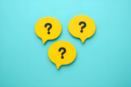 yellow question mark speech bubbles, minimal, simple, flat design, pastel background, vibrant colors