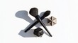 © Mas - Minimalist beauty arrangement: makeup brushes with geometric figures on white surface