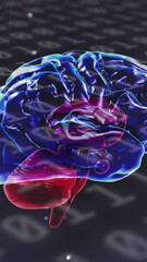 Poster - Digital animation of human brain spinning against binary coding data processing on grey background