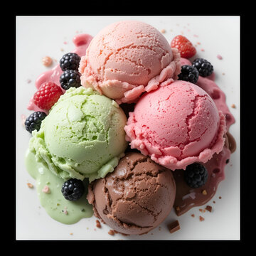 Scoops of pink, green, and chocolate ice cream served with fresh berries on a white background, highlighting colorful.