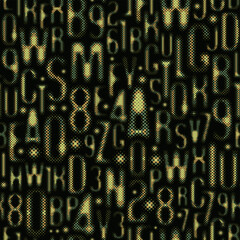 Poster - seamless pattern with a font consisting of dots. On the theme of matrix print, computer games, digital technology, pixels. A set of letters and numbers of an  alphabet. wallpaper. No AI is used
