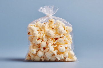 Aufkleber - Bag of delicious snack popcorn ready for movie night. The savory snack fills the plastic bag and is set against a light blue background.