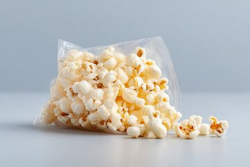 Aufkleber - Popcorn spills from a clear plastic bag, offering a light and airy snack on a clean surface against a soft gray backdrop.